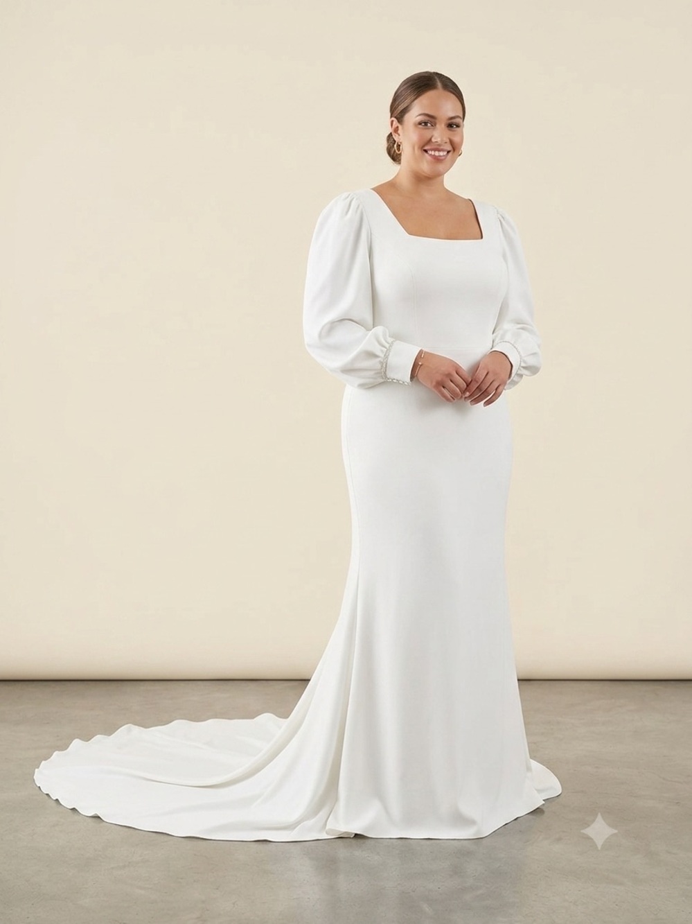 Elegant Light Ivory Crepe Square Neck Bridal Gown with Puff Sleeves